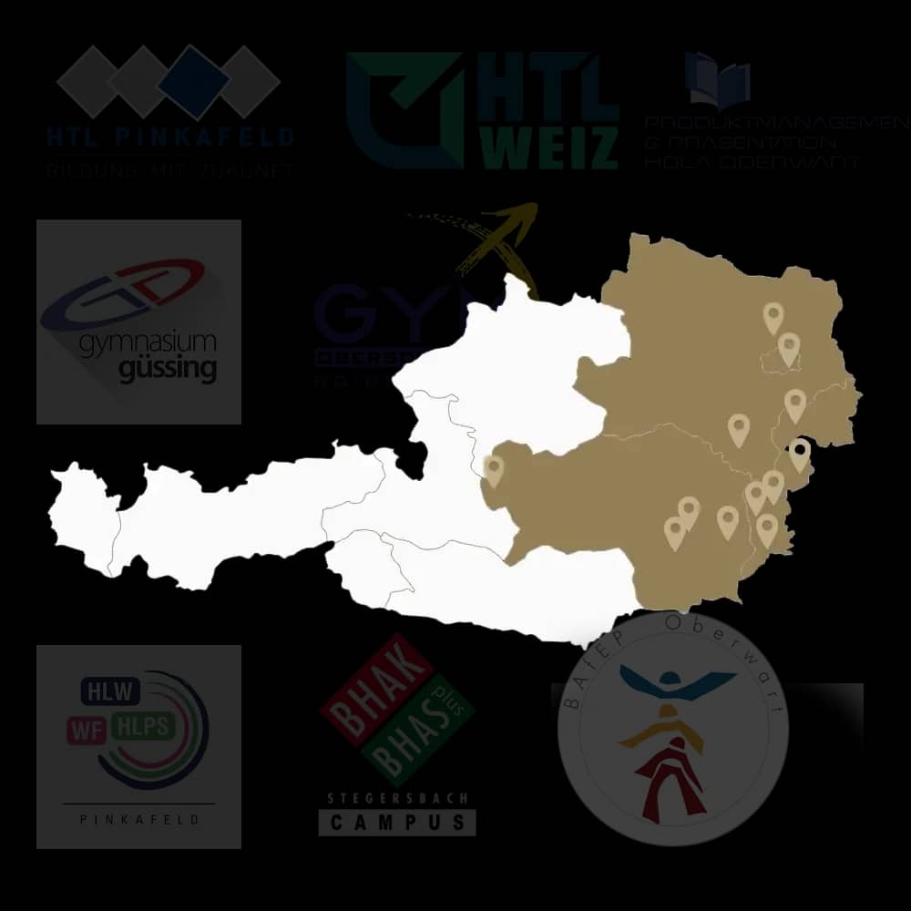 Locations map showing schools in Burgenland, Steiermark, Niederösterreich, and Wien